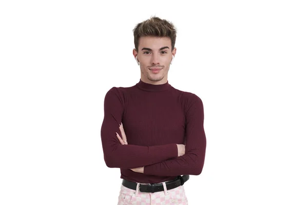 Young Caucasian Man Smiling His Arms Crossed Earphones Isolated White — ストック写真