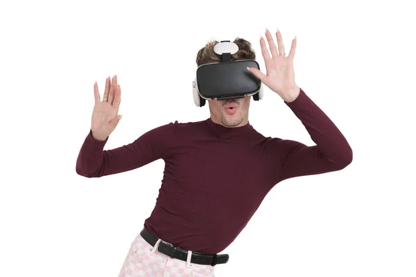 Young Caucasian Man Amazed Wearing Virtual Reality Headset Isolated White — Stockfoto