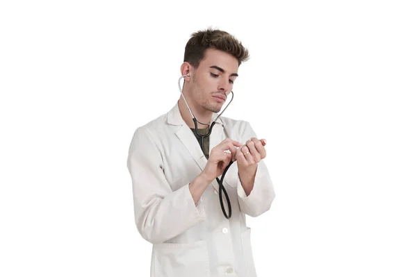 Young Caucasian Male Doctor Listen His Pulse Stethoscope Isolated White — Fotografia de Stock