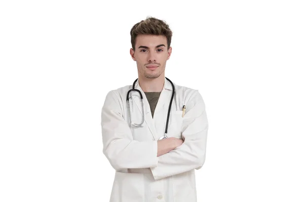Young Caucasian Male Doctor Looking Camera Isolated White Background — 스톡 사진