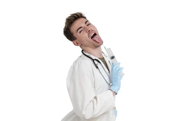 Young Caucasian Male Doctor Big Syringe Needle Isolated White Background — Zdjęcie stockowe