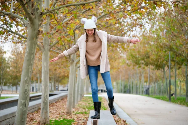 Preteen Girl Two Braids Walking Balance Beam Outdoors Autumn — Fotografia de Stock