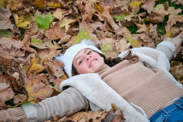 Preteen Girl Lying Ground Covered Fallen Leaves Autumn Season Happiness — Fotografia de Stock