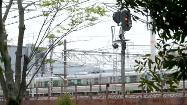 Kioto Japonia Kwietnia 2023 Różne Pociągi Kursujące Torach Kolejowych Parku — Wideo stockowe