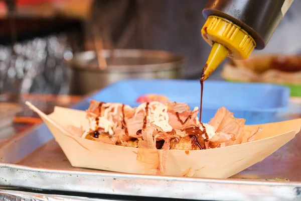 Adding Sauce Boat Takoyaki Street Food Japan — Stock Photo, Image