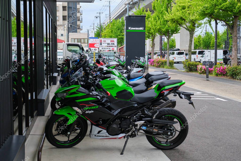 April 29, 2023 in Kyoto, Japan: Kawasaki Plaza Kyoto minami, Motorcycle shop.