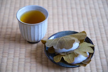 Japon Kashiwa mochi ve yeşil çay. Meşe yaprağıyla sarılmış kırmızı fasulye ezmeli Japon mochi 'si. Japon tatlıları..