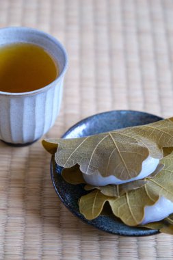 Japon Kashiwa mochi ve yeşil çay. Meşe yaprağıyla sarılmış kırmızı fasulye ezmeli Japon mochi 'si. Japon tatlıları..