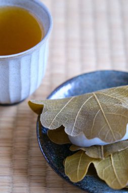 Kashiwa mochi ve yeşil çay. Japon mochi 'si ve anko dolgusu, meşe yaprağıyla sarılmış. Japon tatlıları..