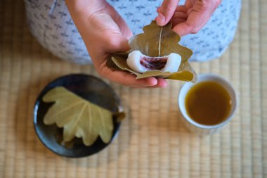 Anko dolu Japon Kashiwa mochi 'si ve tatami üzerine yeşil çay. Meşe yaprağıyla sarılmış kırmızı fasulye ezmeli Japon mochi 'si. Japon tatlıları..
