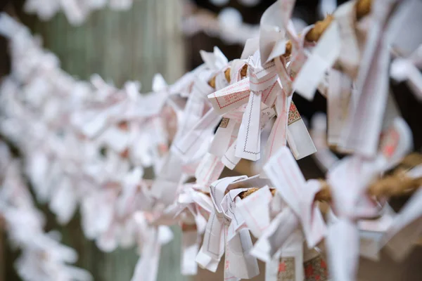 stock image Unwanted omikuji tied to musubidokoro to leave the bad fortune behind in a temple o shrine in Japan.