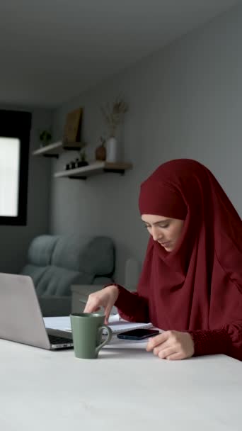 Muzułmańska Młoda Kobieta Hidżabie Robi Miesięczne Rachunki Domu — Wideo stockowe