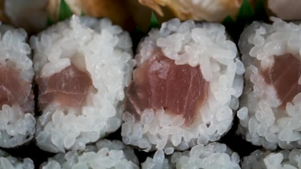 Tuna Maki Pada Pilihan Berbagai Sushi Jepang Dengan Timun Maki — Stok Video