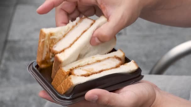 Persona Irreconocible Comiendo Katsu Sando Sándwich Japonés Con Chuleta Cerdo — Vídeos de Stock
