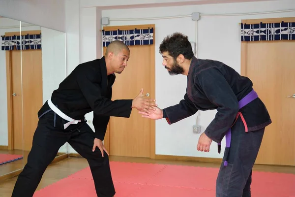 Dva Muži Zdraví Před Brazilským Bojovým Sezením Jiu Jitsu Akademii — Stock fotografie