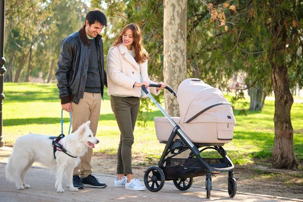 Man Pregnant Woman Walking Dog Baby Stroller Park Family Imágenes de stock libres de derechos