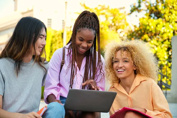 Üç mutlu çok ırklı arkadaş parkta dizüstü bilgisayarla ders çalışıyor..