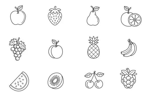 Набір Фруктових Ілюстрацій Чорно Білих Піктограмах Плоди Включають Яблуко Полуницю Стокове Зображення
