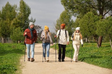 Bir grup arkadaş kış mevsiminde parkta yürüyüş direkleri kullanarak yürüyorlar.