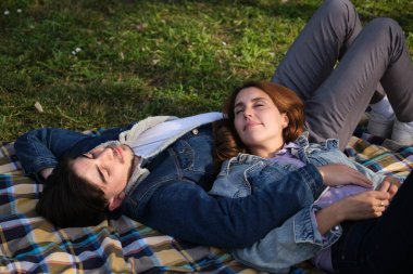 Çiftler parkta romantik bir pikniğin tadını çıkarıyorlar. Güneşli bir günde battaniyeye uzanıp sarılıyorlar.