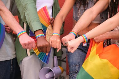 Gökkuşağı bilezikleri takan aktivistler, ellerinde gökkuşağı bayrakları ve LGBT onur yürüyüşünde yumruklarını gösteren hayranlar.