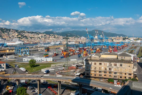 stock image Genoa, Italy - 06 06 2021: Panoramic view of the container port and ferry terminal in Genoa, Italy.