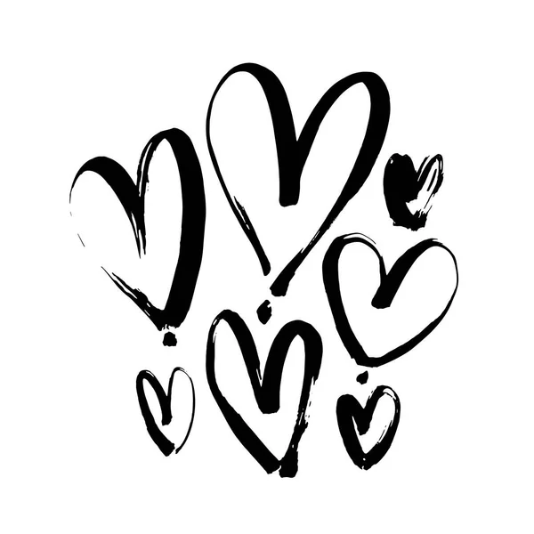 ブラックハートイラスト 手描きブラシペン画 バレンタインデーのロマンチックなスタイル セット — ストックベクタ
