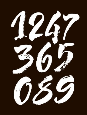 Kaligrafik akrilik ya da mürekkep numaralarının vektör kümesi. Tasarımınız için ABC, siyah arkaplandaki fırça harfleri