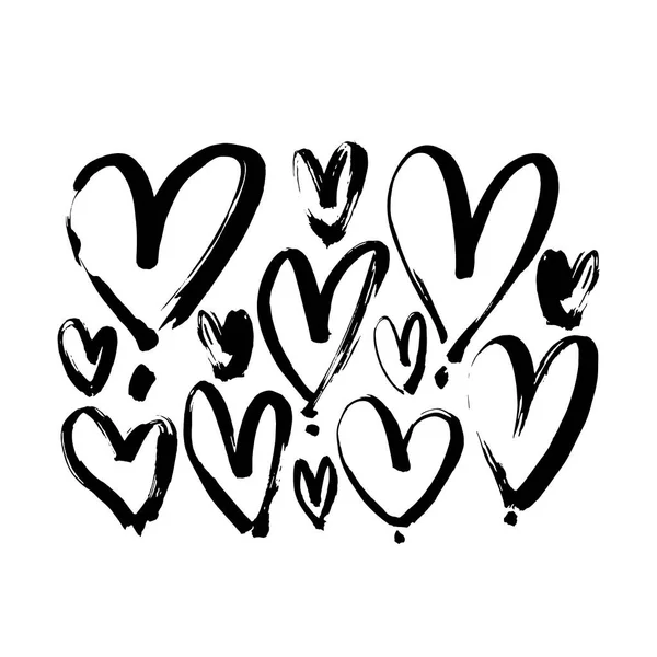 ブラックハートイラスト 手描きブラシペン画 バレンタインデーのロマンチックなスタイル セット — ストックベクタ