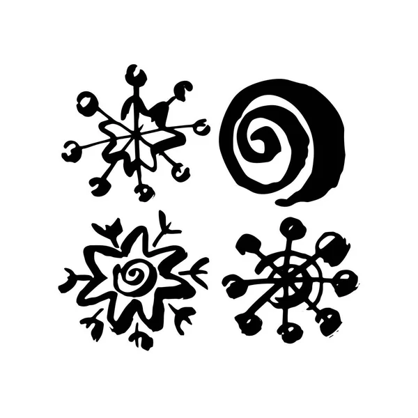 白い背景に黒い雪片のセットをペイント 手描きの抽象的なイラストのグランジ要素 設計のためのベクトル抽象オブジェクト — ストックベクタ