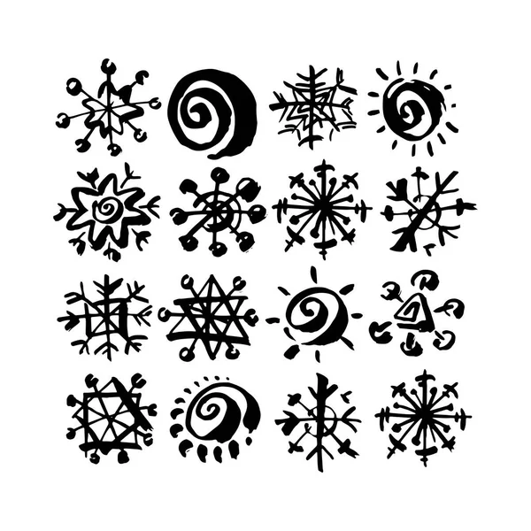 Pintura Dibujo Conjunto Copos Nieve Negro Sobre Fondo Blanco Elementos — Archivo Imágenes Vectoriales