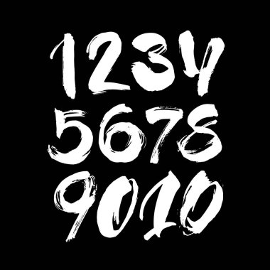 Kaligrafik akrilik ya da mürekkep numaralarının vektör kümesi. Tasarımınız için ABC, siyah arkaplandaki fırça harfleri