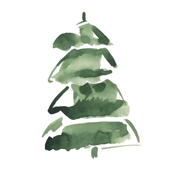 白地に孤立した緑の水彩画クリスマスツリー — ストックベクタ