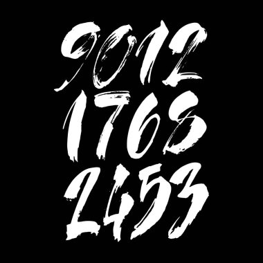 Kaligrafik akrilik ya da mürekkep numaralarının vektör kümesi. Tasarımınız için ABC, siyah arkaplandaki fırça harfleri