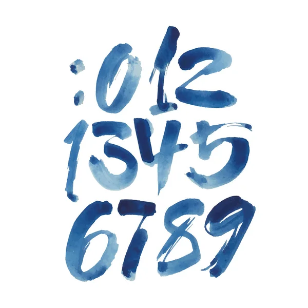 Vector Set Calligraphic Blue Watercolor Ink Numbers Abc Your Design Stockvektor