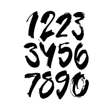 Kaligrafik akrilik ya da mürekkep numaralarının vektör kümesi. Tasarımınız için ABC, beyaz arkaplanda fırça harfleri