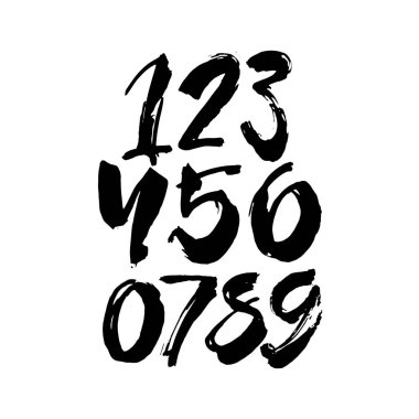 Kaligrafik akrilik ya da mürekkep numaralarının vektör kümesi. Tasarımınız için ABC, beyaz arkaplanda fırça harfleri