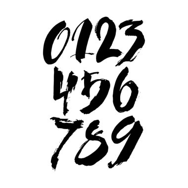 Kaligrafik akrilik ya da mürekkep numaralarının vektör kümesi. Tasarımınız için ABC, beyaz arkaplanda fırça harfleri