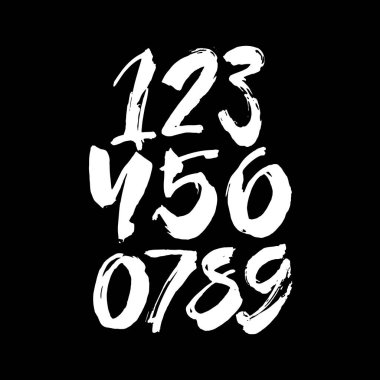 Kaligrafik akrilik ya da mürekkep numaralarının vektör kümesi. Tasarımınız için ABC, siyah arkaplandaki fırça harfleri