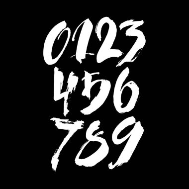 Kaligrafik akrilik ya da mürekkep numaralarının vektör kümesi. Tasarımınız için ABC, siyah arkaplandaki fırça harfleri