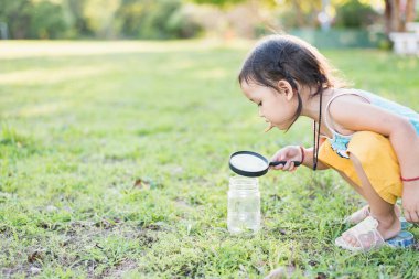 Cam kavanozlardaki böceklere bakmak için büyüteç kullanan tatlı bir kız. Bilimle ilgili gözlemleri kullanmayı öğren..