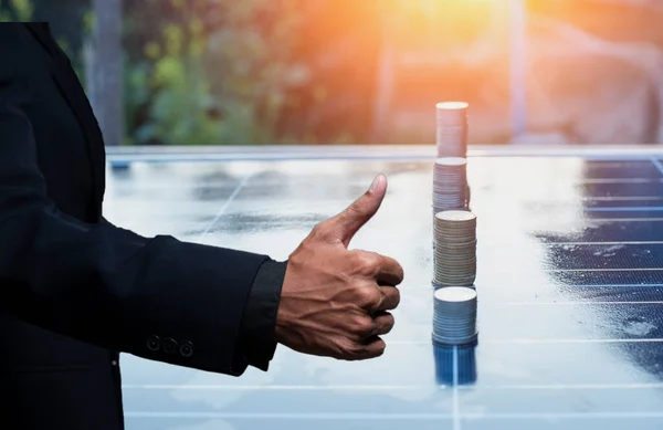 Thumbs Solar Panel Satisfied Cells Help Store Solar Energy Used Stock Image