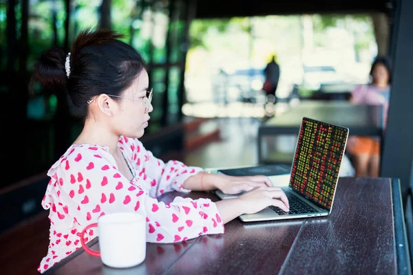 Stock image business woman Congratulations on the good news of profitable stock trading through mobile phones and laptops.