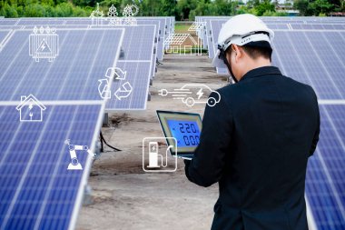 Güneş pilleri elektrik araba şarj istasyonu, robot, çevirici, güneş panelleri üzerinde enerji tasarrufu endüstrisi gibi çeşitli sembollere sahiptir..