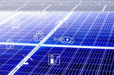 Güneş pilleri elektrik araba şarj istasyonu, robot, çevirici, güneş panelleri üzerinde enerji tasarrufu endüstrisi gibi çeşitli sembollere sahiptir..