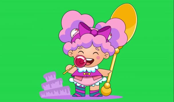 简短的漫画 有趣的2D动画给孩子们 有趣而友善的糖果女婴吃棒棒糖 — 图库视频影像