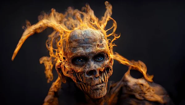 Иллюстрация Горящего Скелета Ужаса Темноте Стоковое Фото