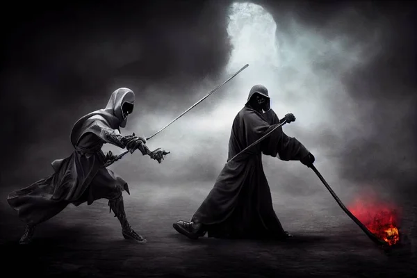 Illustration Grim Reaper Fights Warrior — Stock Photo, Image