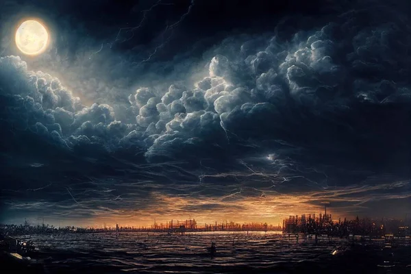 夜间在一座港口城市上空的风暴锋的图例 — 图库照片