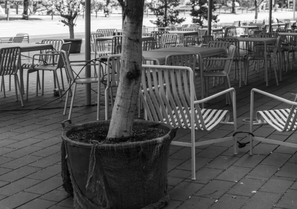 街上空荡荡的咖啡店 椅子上有黑白照片 — 图库照片